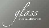 Logo of 'glass by Leslie A. Macfarlane' on a gray-green background